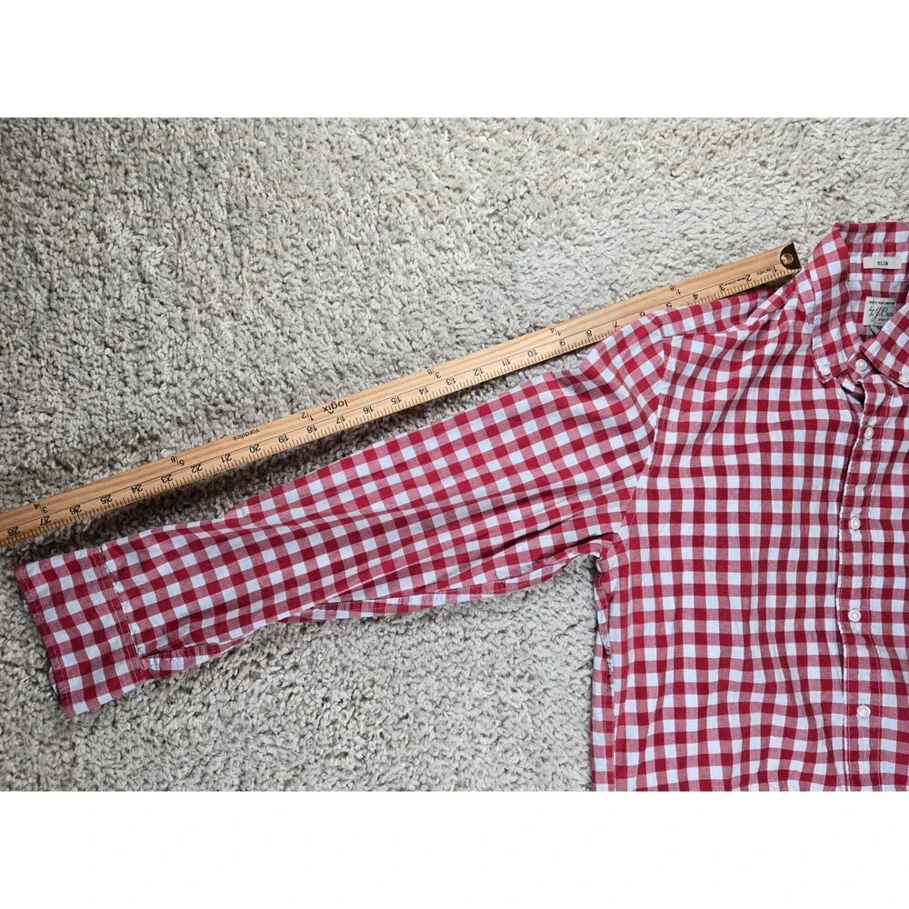 JCrew Mens Secret Wash Stretch Shirt Medium Short Slim Red White Gingham Check
